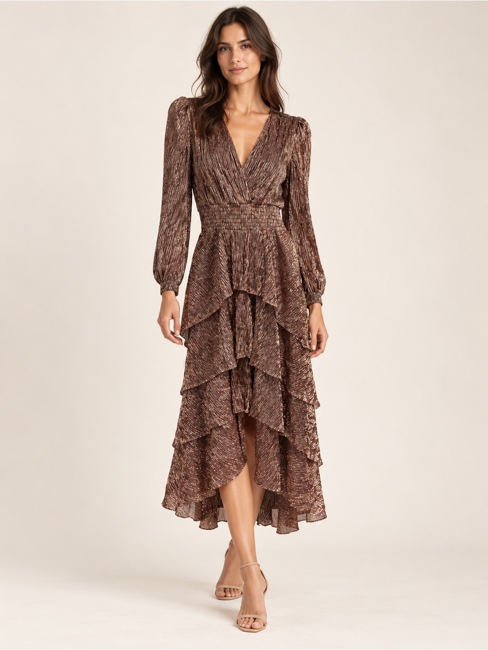 Maje Metallic Pleated Tiered Ruffle Midi Dress Rose Gold FR 42 US XL